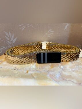 Vintage Gold Sequin Fish Scale Stretch Belt with  Black Rectangular Buckle